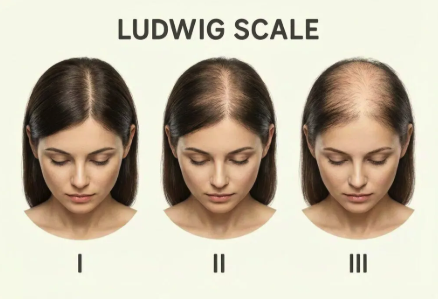 Ludwig scale clinical illustration showing the three grades of female pattern hair loss